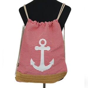 Trïbe Canvas & Rattan Nautical Red & White Striped Drawstring Backpack …